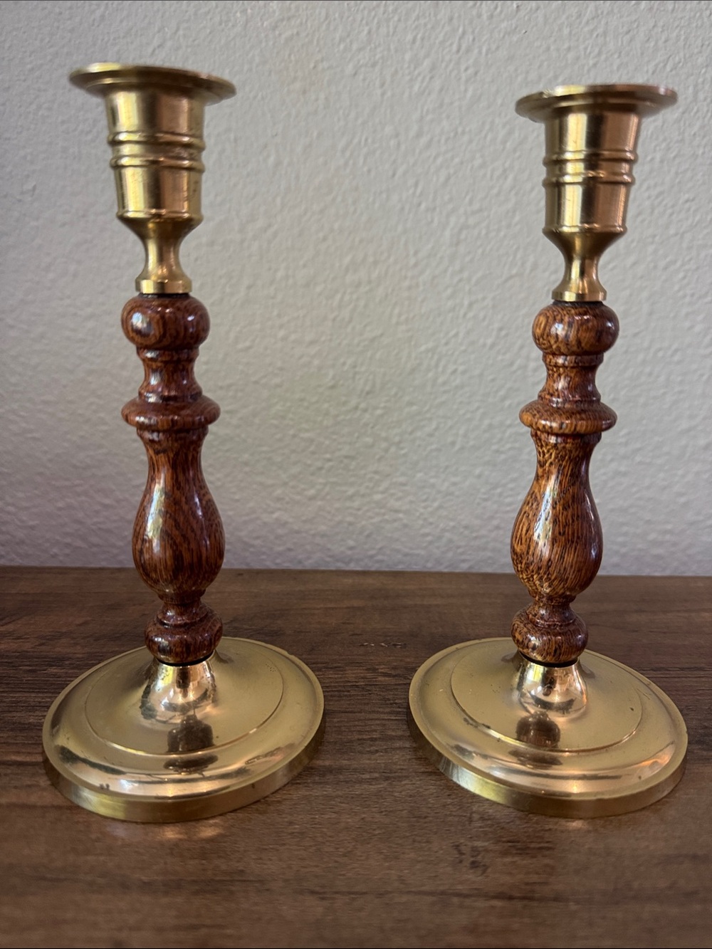 Brass and Wood Candlestick Pair - Brown and gold